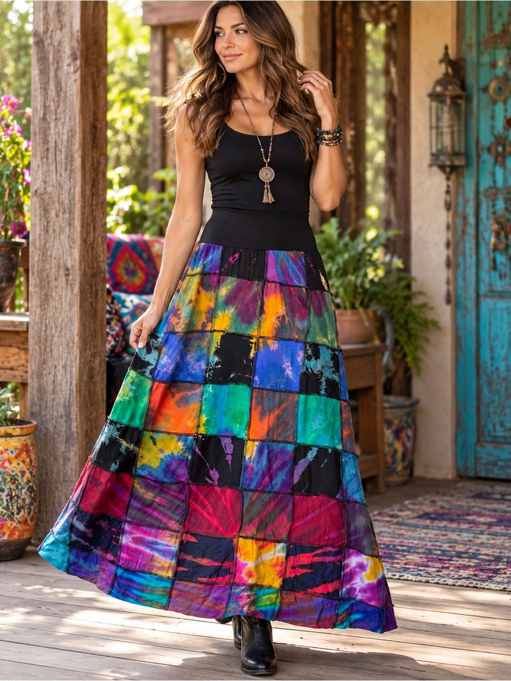 Boho Patchwork Tie-Dye Maxi Skirt Hippie Festival Gypsy Style